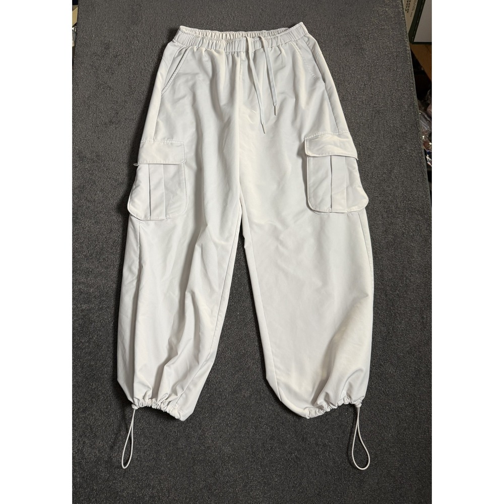 Gilly Hicks Off White Fleece Lined Cargo Parachute Pants Small Baggy Bungee Hem
